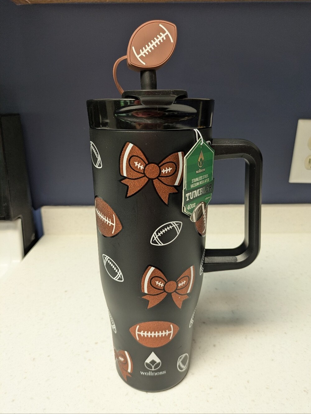 Glittery Football & Bows Print Travel Tumbler with Handle Removable Straw Topper - Picture 11 of 14